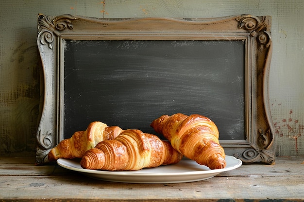 Croissant su un piatto con una lavagna bianca