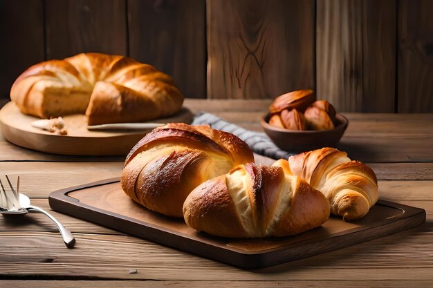 Croissant su un tavolo di legno con uno sfondo di legno.