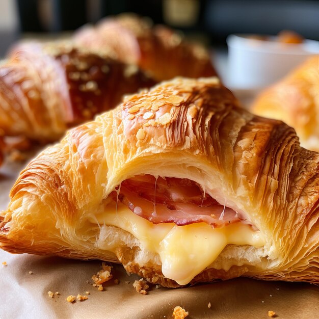 Croissant su un tavolo di legno Croissant tostato con formaggio e pomodoro