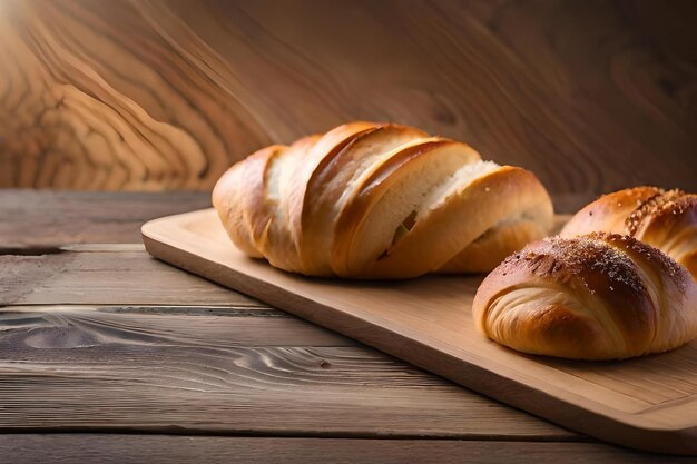 Croissant su una tavola da taglio in legno con una paglia di pane sul tavolo