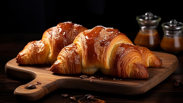 Croissant un unico croissant francese fresco e croccante sfondo nero Foto di alta qualità