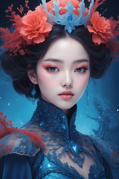 Cromatic Chill Winter Principessa coreana avvolta in neon blu e filigrana rossa