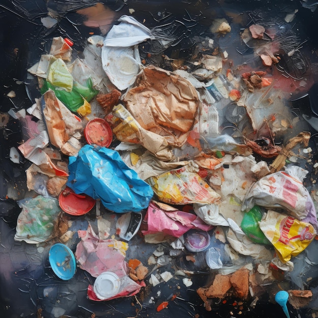 Cronache dei rifiuti Una vista dall'alto di una discarica vibrante e diversificata in una giornata uggiosa