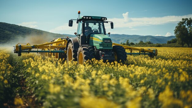 Crop Taking care Vista aerea di un trattore che fertilizza un campo agricolo coltivato Concetto agricolo