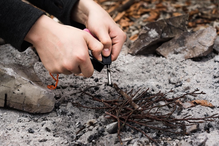 Photo cropped hands of woman igniting plants in forest