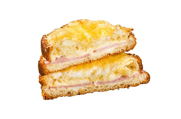 Croque monsieur e croque madame panini con prosciutto a fette formaggio emmental fuso e uova toast francesi sfondo bianco isolato