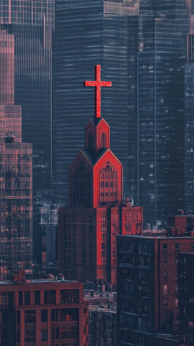 Cross City Crossroads Christianity Religion Spiritual Symbol Generative AI