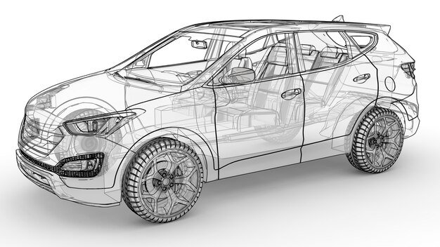 Crossover da città di medie dimensioni. Un'illustrazione su uno sfondo bianco, l'auto è delineata da linee e ha una carrozzeria traslucida. Rendering 3D.