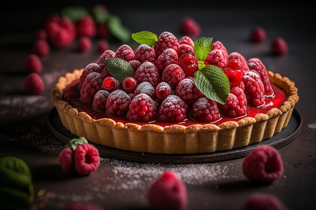 Crostata con lamponi freschi e illustrazione di marmellata di frutti di bosco IA generativa