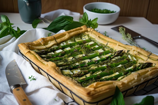 Crostata di asparagi con parte superiore a reticolo e spolverata di erbe fresche