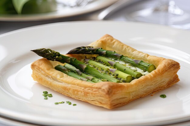 Crostata di asparagi su piatto bianco con asparagi verdi e accenti di scaglie d'oro