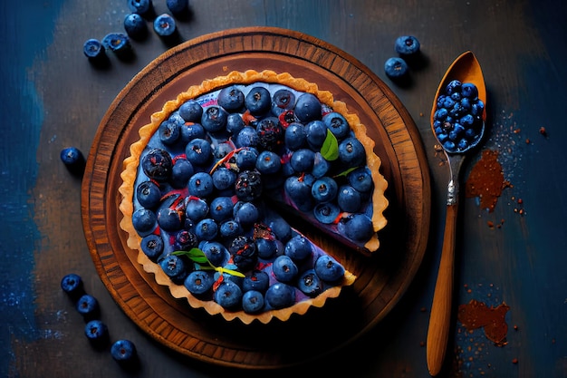 Crostata di mirtilli su fondo di legno blu cibo dolce