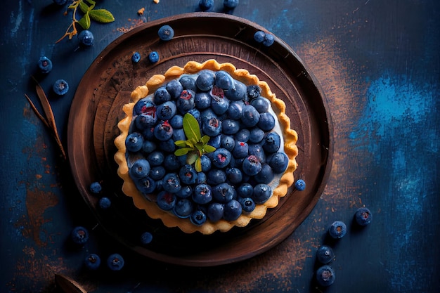 Crostata di mirtilli su fondo di legno blu cibo dolce