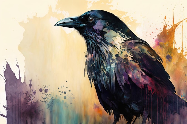 Crow Watercolor Art Una rappresentazione colorata e stravagante di un maestoso uccello