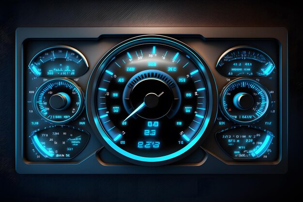 Cruscotto di controllo della velocità per auto sportive di lusso moderno con luce blu Arte generata dalla rete neurale