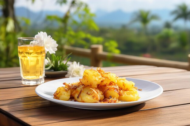 Crushed Hot Smashed Potato e Ice Tea per il brunch sul tavolo di legno con sfondo naturale