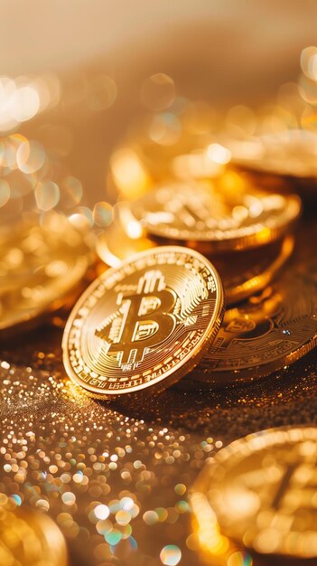 Cryptocurrency Bitcoin rappresentata come monete d'oro Sfondio bancario digitale