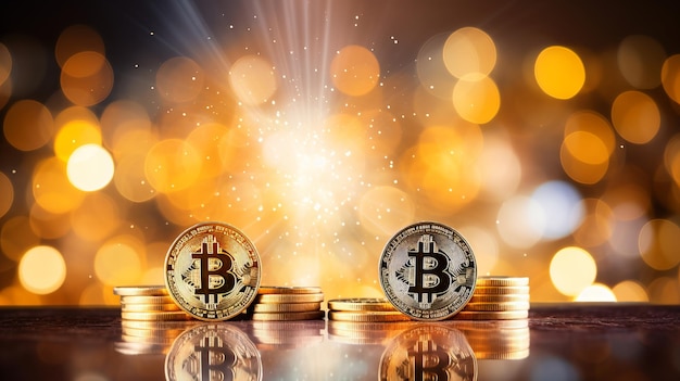 Cryptocurrency Bitcoin su sfondo astratto giallo sfocato con spazio di copia per il posizionamento del testo