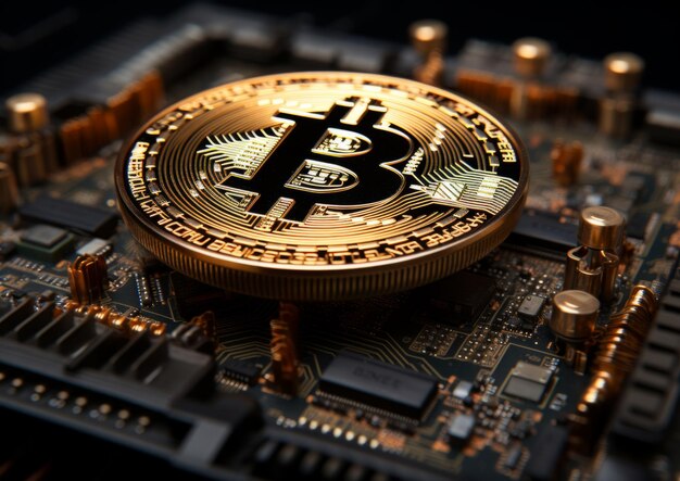Cryptocurrency digitale bitcoin estratta moneta bitcoin su una scheda di microcircuiti elettronici