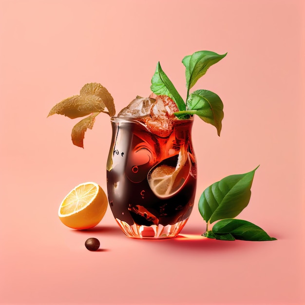 Cuba Libre o Long Island Iced Tea su sfondo rosa Party Coctail Bar Drink Abstract Generative AI Illustration