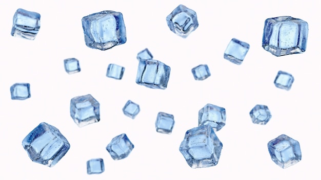 Cubetti di ghiaccio che cadono isolati su bianco