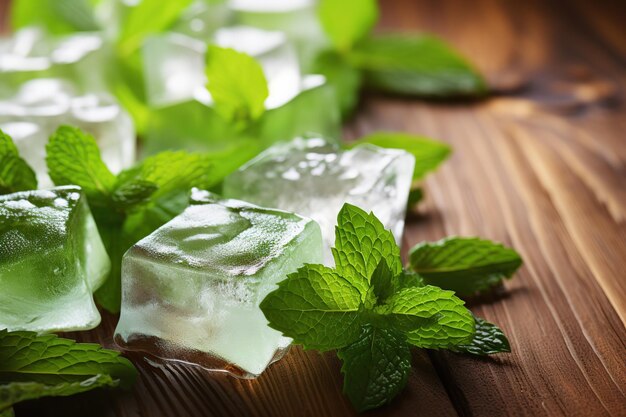 Cubetti di ghiaccio con foglie di menta fresca su fondo di legno marrone