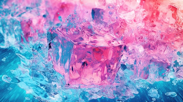 Cubetti di ghiaccio su sfondo blu e rosa con spruzzi d'acqua