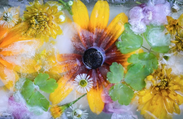 Cubetto di ghiaccio con diversi fiori estivi sull'erba verde in estate.