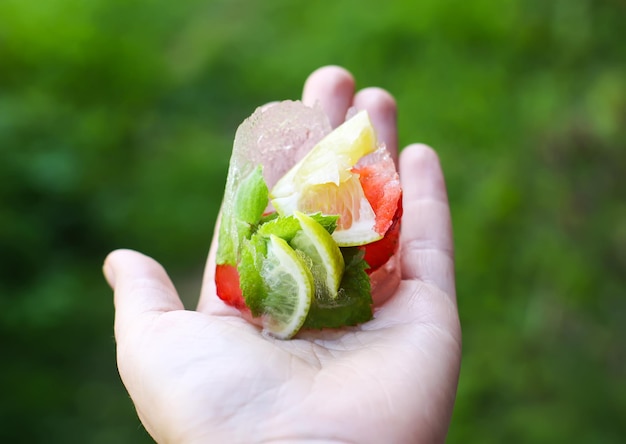 Cubetto di ghiaccio fondente con fragola limone e foglie di menta verde fresca in una mano