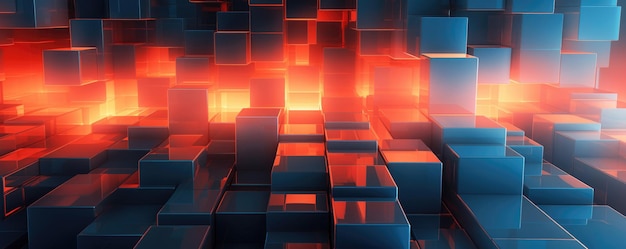 Cubi 3D luminosi in tonalità contrastanti di rosso ardente e blu sereno