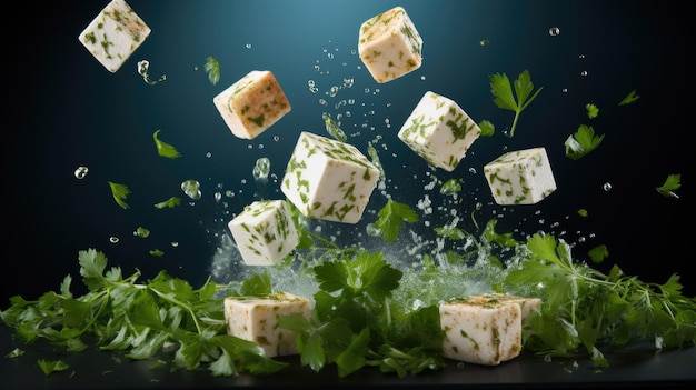 Cubi di feta greca in caduta con erbe e spezie, formaggio morbido a cubetti isolato su sfondo nero