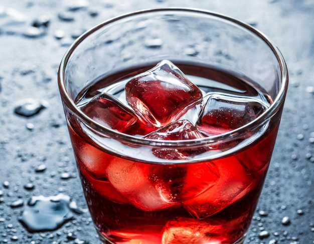 Cubi di ghiaccio in vino bicchiere rosso alcool aperitivo su tavola bagnata