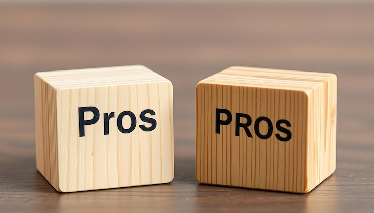 Foto cubi di legno con l'immagine dei pro contro i contro e i pro nella vita di una persona isolata con