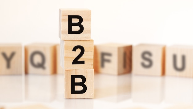 Cubi di legno con la parola B2B disposti in una piramide verticale, sullo sfondo bianco c'è una fila di cubi di legno con lettere, concetto di affari. B2B - abbreviazione di business to business