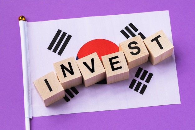 Cubi di legno con testo e una bandiera su uno sfondo colorato il concetto di investimento dalla Corea del Sud
