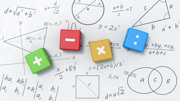 Cubi di operatori matematici sulla lavagna con formule, grafici e simboli