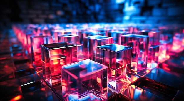 Cubi di vetro con illuminazione scura per creare una parete di cubi in stile era spaziale