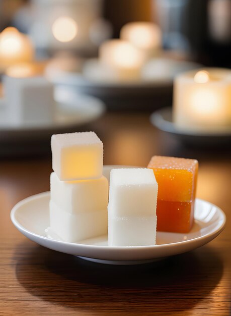 Cubi di zucchero realistici colori neutri illuminazione calda altamente dettagliata atmosfera accogliente ristorante nessuna gente close-up generativa AI generata