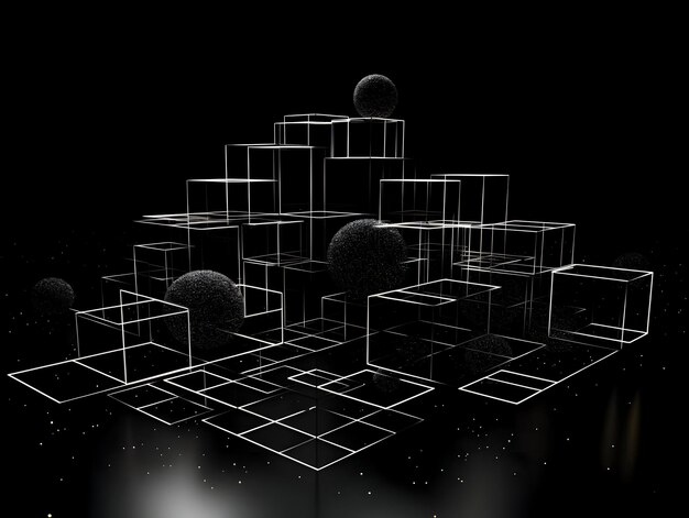 Cubi e palle bianche geometrici 3D su sfondo nero di alta qualità