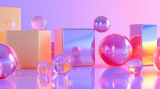 Cubi e sfere multicolori su uno sfondo viola chiaro lucido