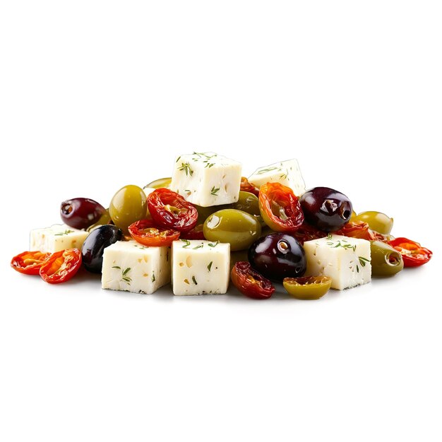 Cubini bianchi di formaggio feta marinati in olio d'oliva serviti con olive kalamata e pomodoro asciugato al sole