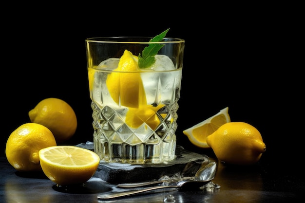 Cubini di ghiaccio e cotini di limone in un bicchiere di limonata