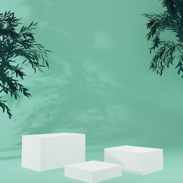 cubo bianco prodotto Stand in camera verde con albero, scena in studio per prodotto, design minimale, rendering 3D