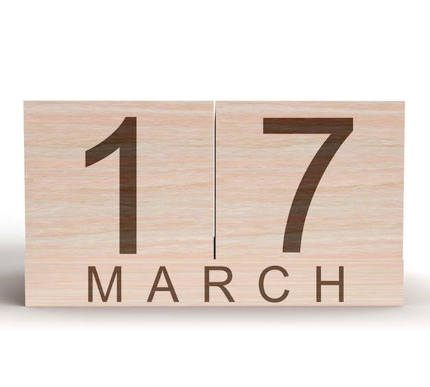 Cubo blocco oggetto in legno 17 diciassette data tempo calendario marzo mese decorazione ornamento giorno san patrizio irlanda irlandese celtico persona paese folletto affari ricchezza denaro ricco event3d rendering