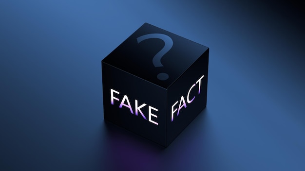 Cubo con le parole FAKE e FACT e un punto interrogativo Il concetto di verità e bugie 3D render