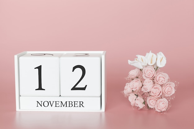 Cubo del calendario del 12 novembre sulla parete rosa