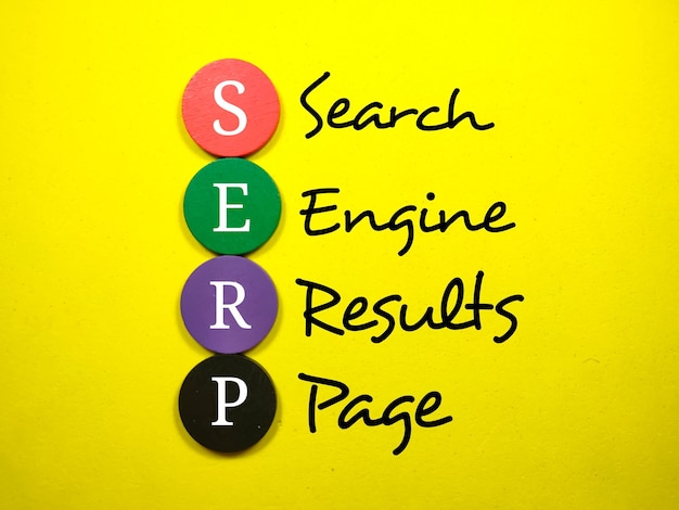 Cubo di legno colorato con le parole Pagina dei risultati del motore di ricerca o SERP su sfondo giallo