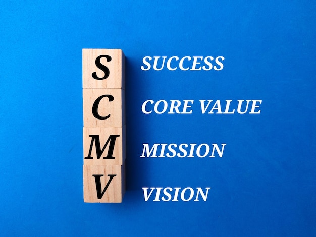 Cubo di legno con le parole VISION MISSION CORE VALUES e SUCCESS