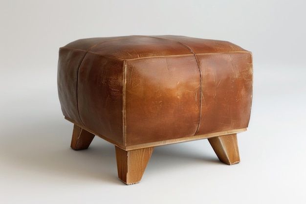 Cubo di pelle marrone contemporaneo ottomano con gambe di legno