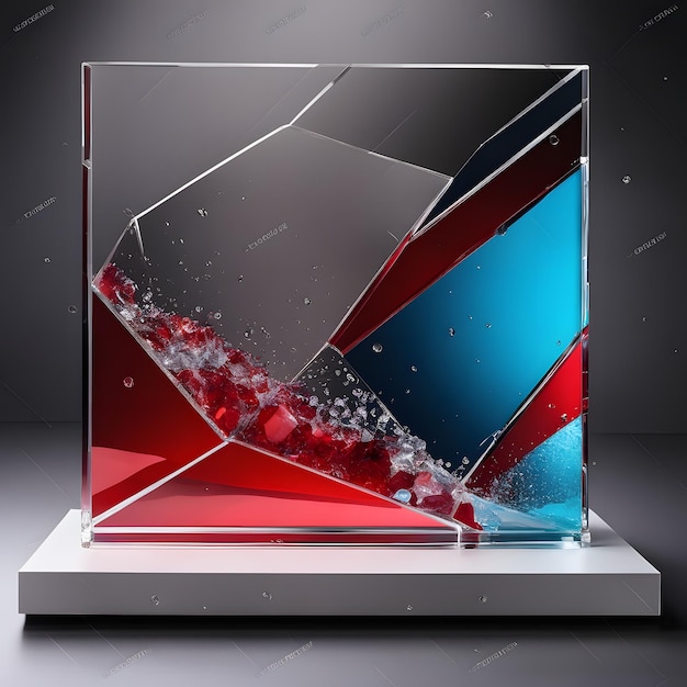 Cubo di vetro con sfondo astratto rosso e blu
